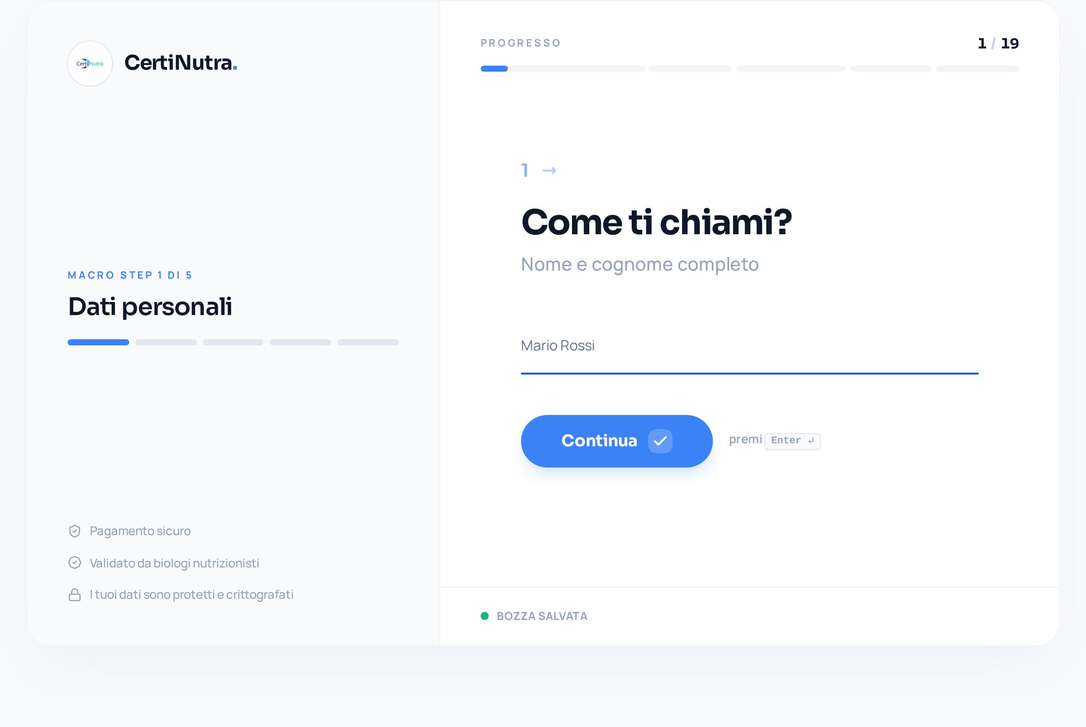 Questionario CertiNutra: schermata reale con progress bar, macro step Dati personali e campo nome